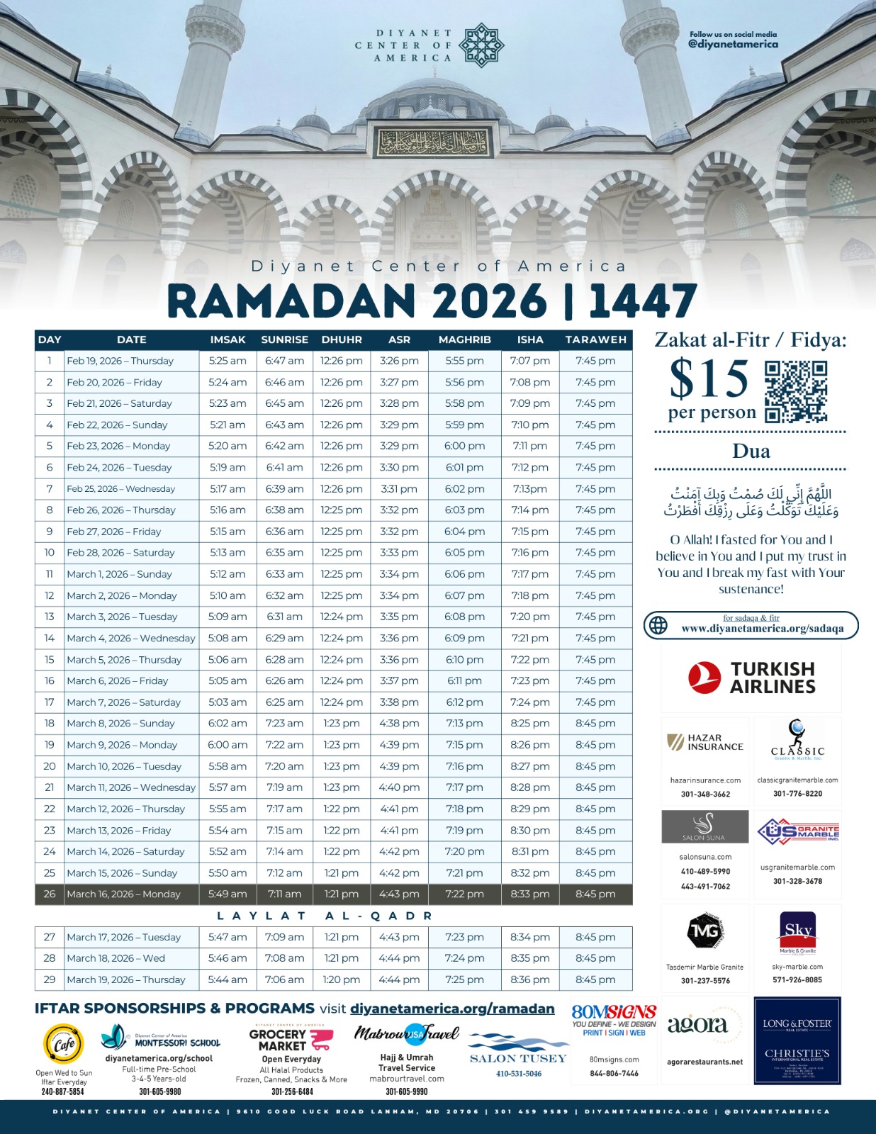 Ramadan 1447 Prayer and Taraweeh Calendar showing prayer times and schedules
